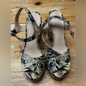 Tory Burch Black And Gold Embroidered Brocade Loretta Platform Sandal